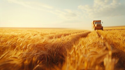 Truck driving through wheat field