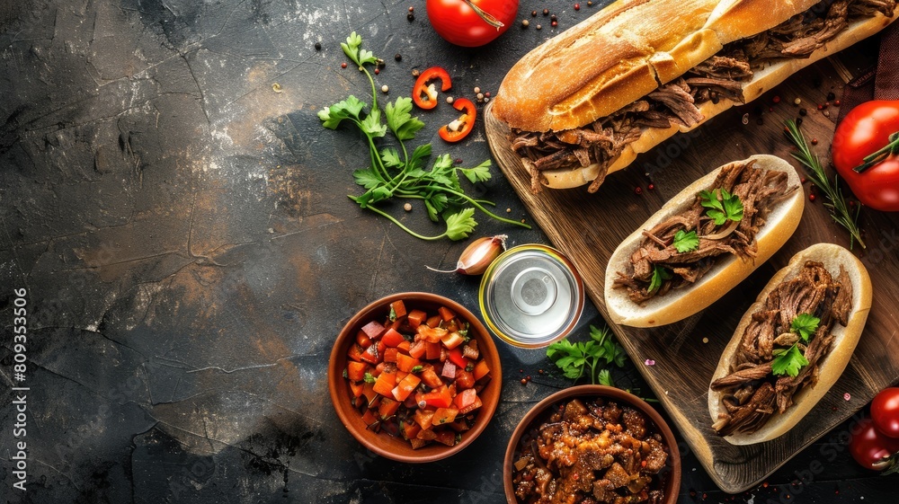 Wall mural sandwiches with pulled meat and vegetables on dark, rustic table - Wall murals