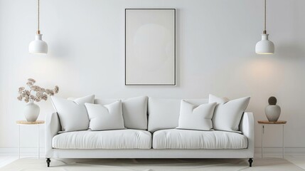 A white sofa with pillows, a poster on a wall and pendant lights in a bright modern interior, Generative AI. realistic