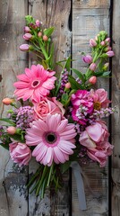 Fototapeta premium Happy mother's day! A beautiful bouquet of pink flowers, vibrant and delicate, sits gracefully on the wooden table, radiating a sense of tranquility and elegance 