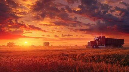 Fototapeta premium Truck hauling grain in colorful sunrise