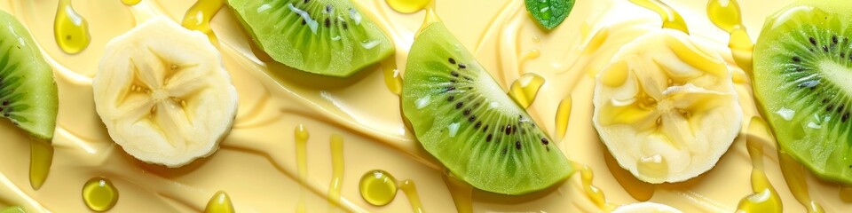 Detailed view of a sliced kiwi fruit and banana, over a creamy dessert, juicy summer banner - Powered by Adobe