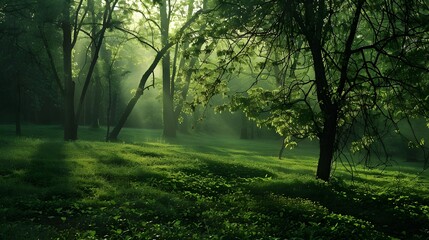 morning sunlight in the lush green forest.