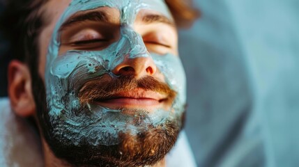 Happy healthy bearded caucasian man with face cream mask in wellness center