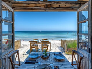 Fototapeta premium A restaurant on a beach during summer season, sunny day