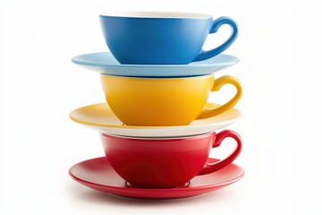 Colorful Stacked Coffee Cups and Saucers on White Background.