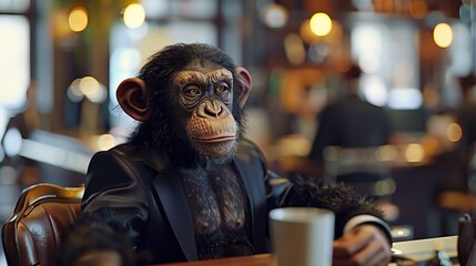 Dapper monkey in suit at office desk