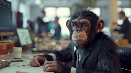 Dapper monkey in suit at office desk