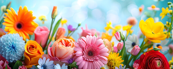 Spring banner for 8 March and Mother's Day featuring a colorful, vibrant bouquet of various flowers.