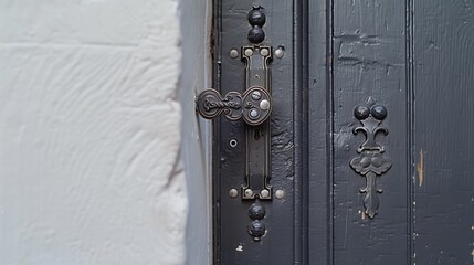 Detailed black door handle and hinges