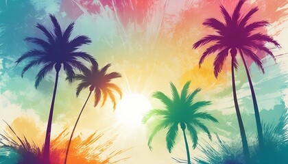 Artistic summertime background with palm trees, sun and sky. Artistic brush strokes textured wallpaper design nammer , header for summer created with generative ai