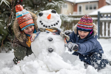 Children in winter clothing enjoying the snow by playing and building a colorful snowman