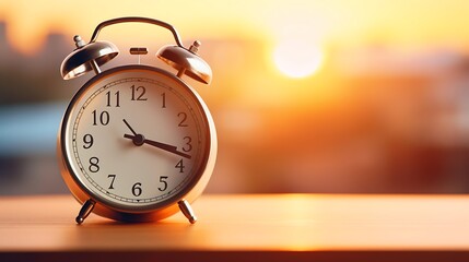 Alarm clock on the table with city background