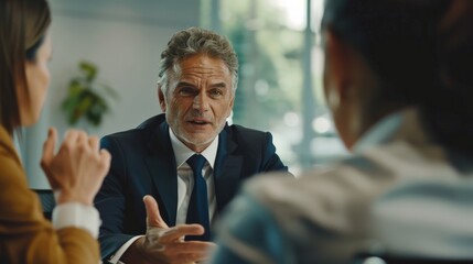 A man in a suit is having a serious conversation with two other people in a modern office.