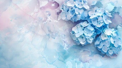 Artistic pastel blue hydrangea flowers on ink background. Top view with space. 
