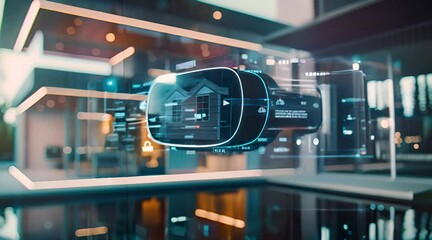 A futuristic virtual reality interface showcasing a sleek virtual screen displaying a real estate concept business platform.