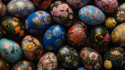 An array of intricately painted Easter eggs showcasing floral patterns