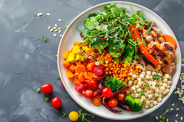 A white plate filled with a colorful mixture of corn kernels, vegetables, and grains. This plantbased dish is a delicious and healthy addition to any cuisine