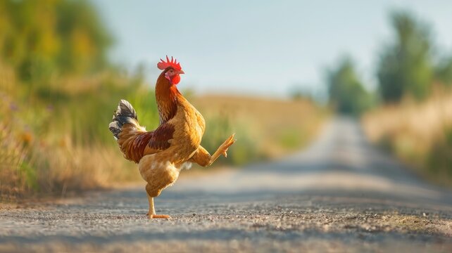 Chicken crossing rural road in daylight