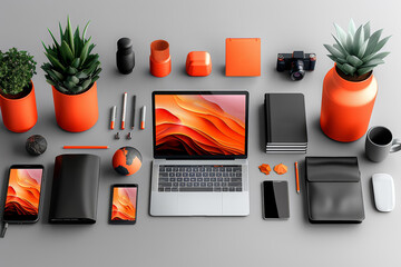 Brand identity mockups presenting logos, color palettes, and brand assets applied to various marketing materials and merchandise. Concept of brand identity design. Generative Ai.