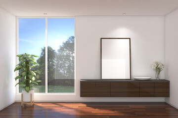 3d rendering illustration of wood hanging cabinet drawer in the empty room side the window with frame mock up. Wood parquet floor, white wall finish and white ceiling. Set 2