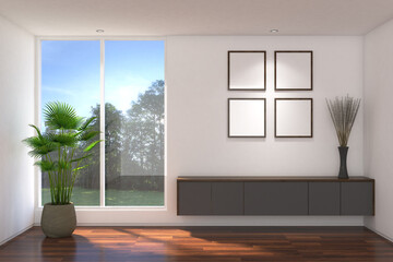 3d rendering illustration of wood, gray hanging cabinet drawer in the empty room side the window with frame mock up. Wood parquet floor, white wall finish and white ceiling. Set 6