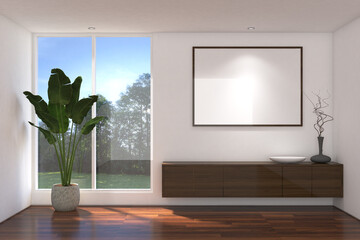3d rendering illustration of wood hanging cabinet drawer in the empty room side the window with frame mock up. Wood parquet floor, white wall finish and white ceiling. Set 3