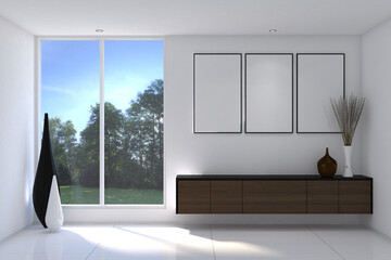 3d rendering illustration of wood hanging cabinet drawer in the empty room side the window with frame mock up. White ceamic tile floor, white wall finish and white ceiling. Set 4