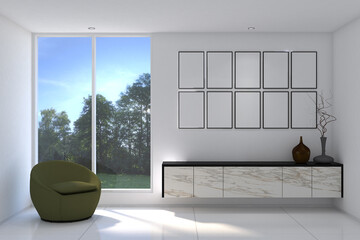 3d rendering illustration of wood and white hanging cabinet drawer, chair in the empty room side the window with frame mock up. White ceamic tile floor, white wall finish and white ceiling. Set 5