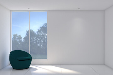 3d rendering illustration of blue couch in the empty room side the window. White ceamic tile floor, white wall finish and white ceiling. Set 7