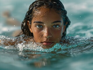 A black girl, woman swimming and smiling underwater, swimming pool, ocean