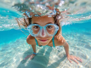 Naklejka premium A girl, woman swimming and smiling underwater, swimming pool, ocean with diving goggles