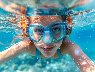 Naklejka premium A girl, woman swimming and smiling underwater, swimming pool, ocean with diving goggles