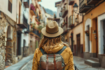 Traveler girl in street of old town in Spain, young backpacker tourist in solo travel, vacation, holiday, trip