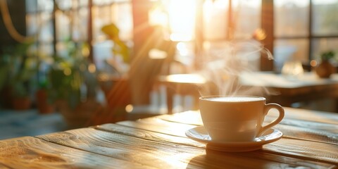 Cup of steaming coffee on a table in the sun