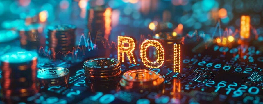 Glowing roi concept on financial technology background