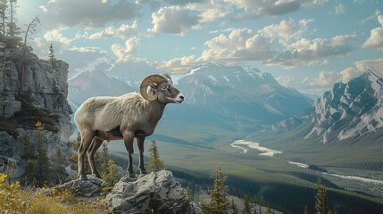 Standing BigHorn Sheep (Ovis canadensis) ram portrait. Canadian Rockies Jasper National Park landscape background. Nature scenery.