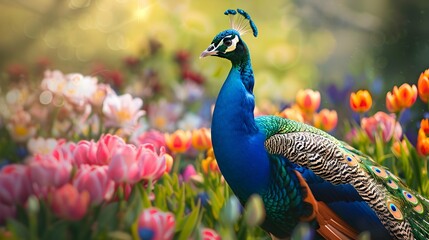 A vibrant peacock with colorful feathers gracefully stands amidst a field of blooming flowers,...