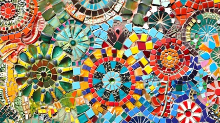 A vibrant and intricate mosaic tile wall, showcasing a mesmerizing array of colors, patterns, and textures up close