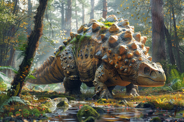 A curious Ankylosaurus, with its heavily armored body and clubbed tail, foraging for vegetation in prehistoric marshlands. Concept of armored herbivore. Generative Ai.