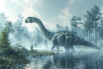 Naklejka premium A lumbering Apatosaurus, with its massive size and long neck, browsing for vegetation in prehistoric swamps. Concept of massive herbivore. Generative Ai.