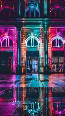 A striking display of colorful lights illuminates the night in front of a building, creating a mesmerizing and energetic atmosphere 