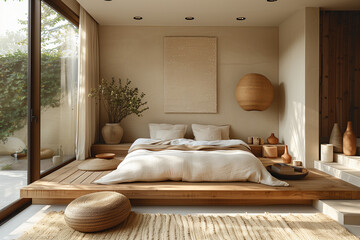 Scandinavian minimalist bedroom with floating bed frame, earth tones in Sweden home, enhanced by natural afternoon light.