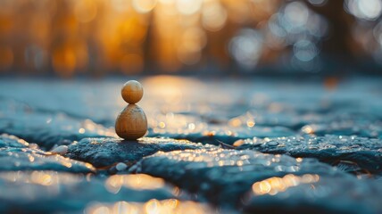 Obraz premium Wooden pawn piece on cobblestone path with golden sunlight
