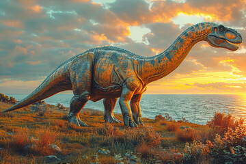 Fototapeta premium A majestic Sauroposeidon, with its immense size and long neck, towering over the ancient landscape as the largest dinosaur of its time. Concept of colossal herbivore. Generative Ai.