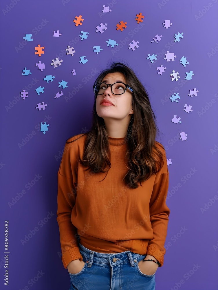 Wall mural a confused woman on purple background with puzzle pieces near her head is contemplating. confusion, 