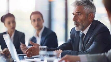 A man in a suit is sitting at a conference table, talking to a group of people.