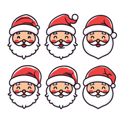 Six Santa Claus faces different expressions. Santa has red hat, white beard, jolly appearance. Cartoon style Santas suitable holiday graphics