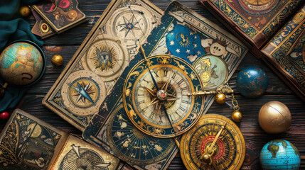 AstrologistAssorted vintage nautical and astronomical equipment, including compasses and globes, alongside ornately designed books, evoking a sense of exploration and discovery during the age of sail.