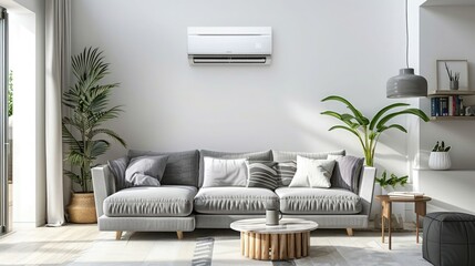 Modern air conditioner on white wall in bedroom with stylish gray sofa